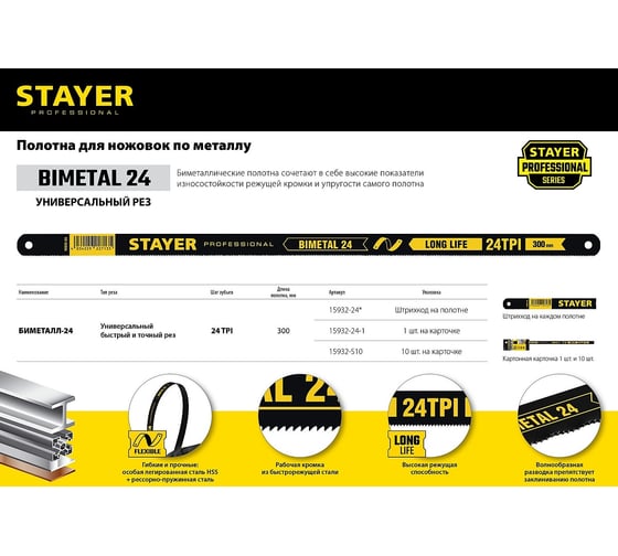Биметаллическое полотно по металлу STAYER Bimetal-24 300 мм 15932-24