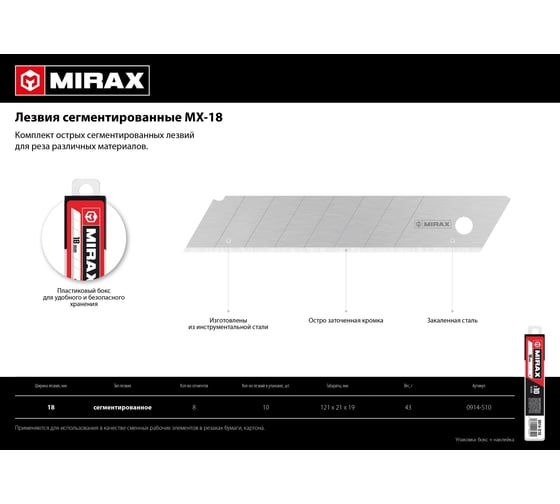 Сегментированные лезвия MIRAX MX-18 18 мм, 10 шт 0914-S10