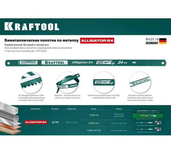 Полотно по металлу KRAFTOOL Alligator-24 24 TPI, Bi-Metal, быстрый рез, 300 мм, 10 шт 15942-24-S10