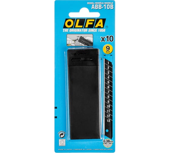 Сегментированные лезвия OLFA Excel Black 9х80х0.38 мм, 13 сегментов, 10 шт OL-ABB-10B