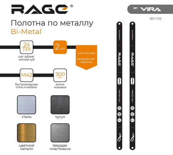 Полотно по металлу super Bi-Metal (2 шт; 300 мм; 24 TPI) RAGE by VIRA 801102