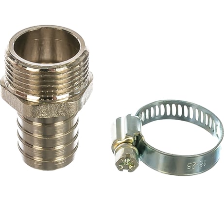 Комплект для подключения садового шланга (штуцер 3/4"В х20 мм + хомут оцинкованный 20-32 мм) MASTERPROF ДС.020038