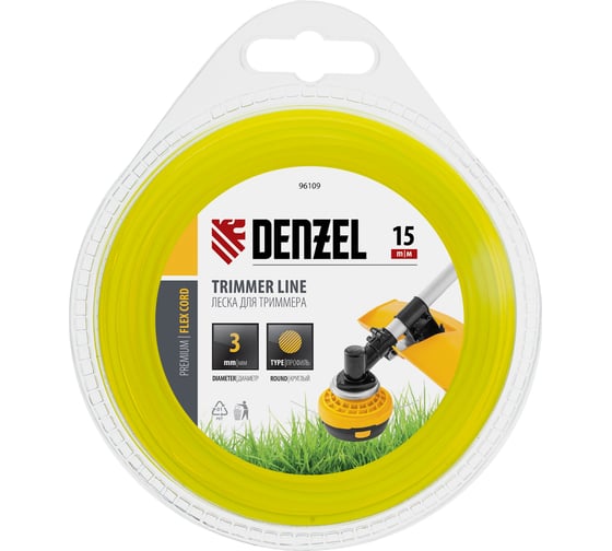 Леска для триммера круглая 3 мм х 15 м блистер FLEX CORD DENZEL 96109
