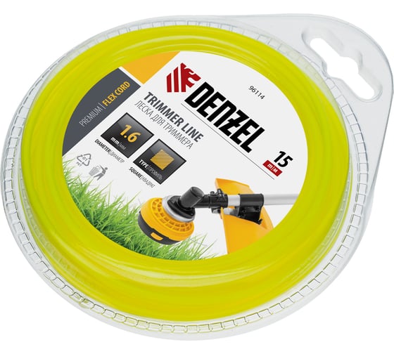 Леска для триммера квадрат 1,6 мм х 15 м блистер FLEX CORD DENZEL 96114