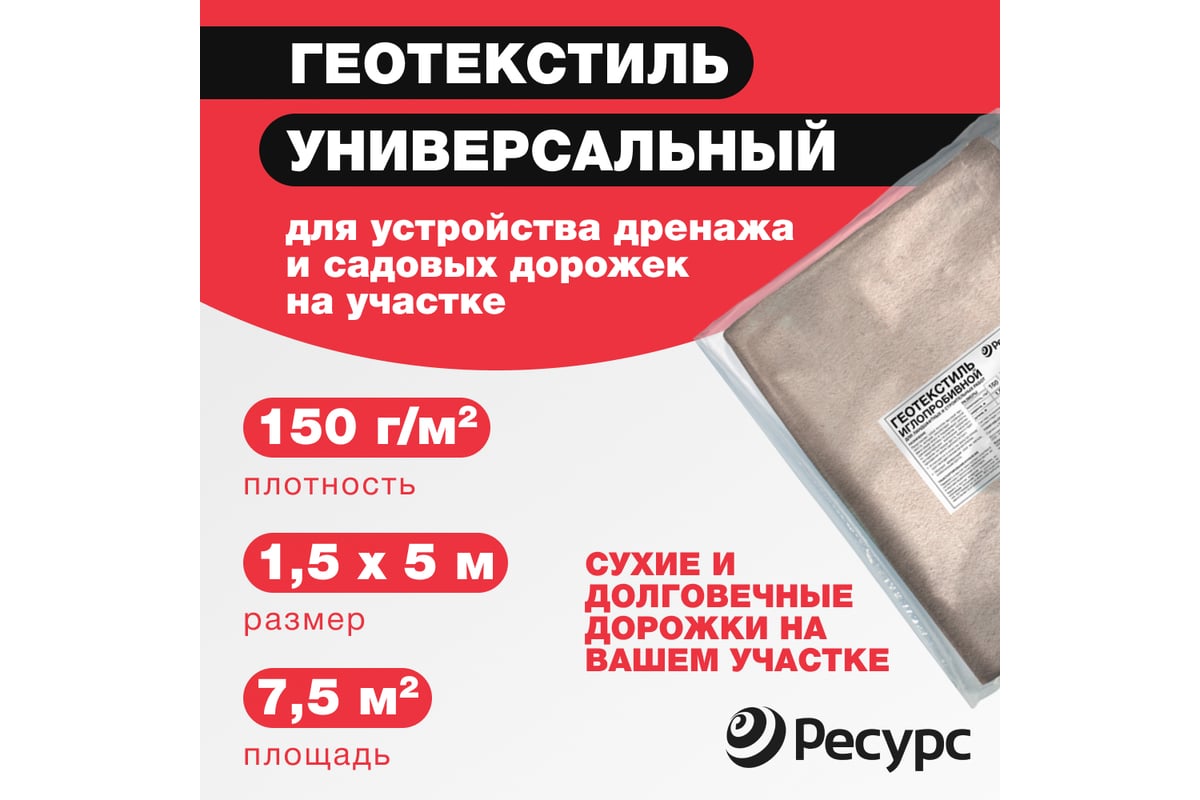 Геотекстиль иглопробивной (150 п/эф; 1.5х5 м) универсальный ГЕОСАД 24260