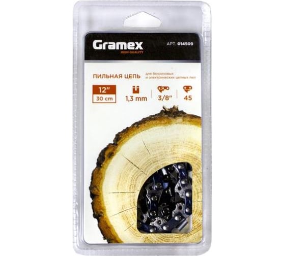 Цепь пильная SEMI CHISEL 3/8" LP, 1.3 мм, 45 звеньев, блистер Gramex 014509