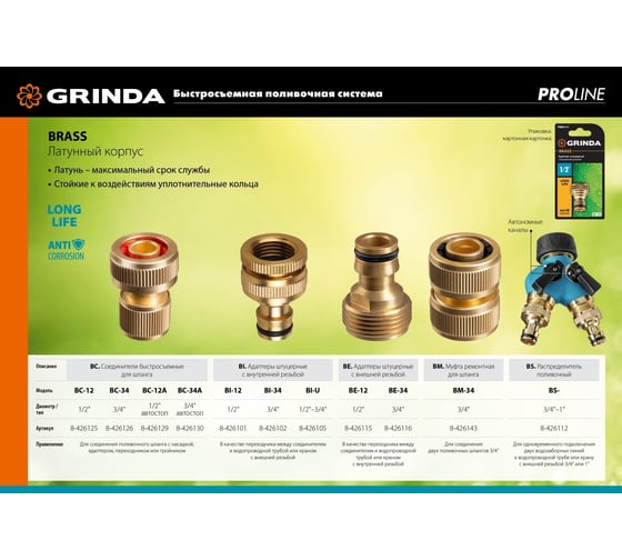 Соединитель быстросъёмный GRINDA PROLine BC-12 для шланга, 1/2", из латуни 8-426125_z02