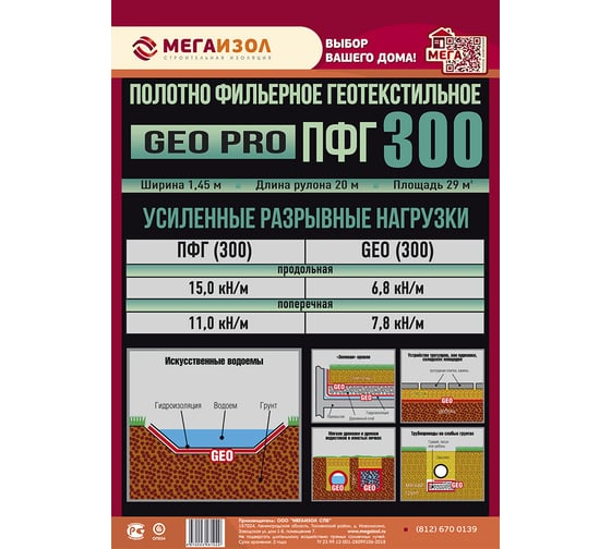 Полотно фильерное геотекстильное GEO PRO ПФГ 300 1.45х20 м, 29 м² МЕГАИЗОЛ 3481029