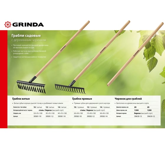 Черенок для грабель GRINDA 1200 мм, высший сорт 39630-12