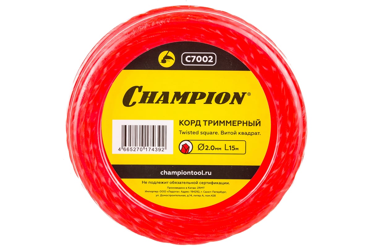 Корд трим. Champion круглый 3.0мм*25 м в мотке (c7025). Леска триммерная Sadd Twisted 2,4мм*15м (витой квадрат) (картон).