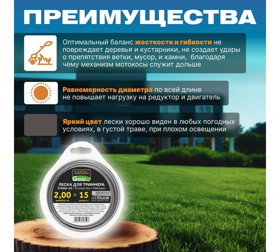 Леска Alulon Garden 2 мм, 15 м, сечение квадрат для триммера STARTUL ST6065-20