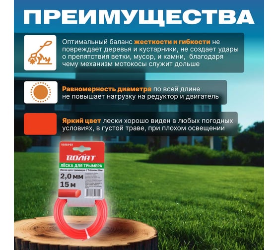 Леска для триммера 2.0 мм, 15 м, сечение шестигранное ВОЛАТ 51010-03