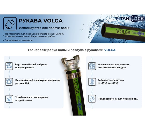 Рукав для воды напорный VOLGA (5 м, 10 бар, внутренний диаметр 100 мм) TITAN LOCK TL100VG_5