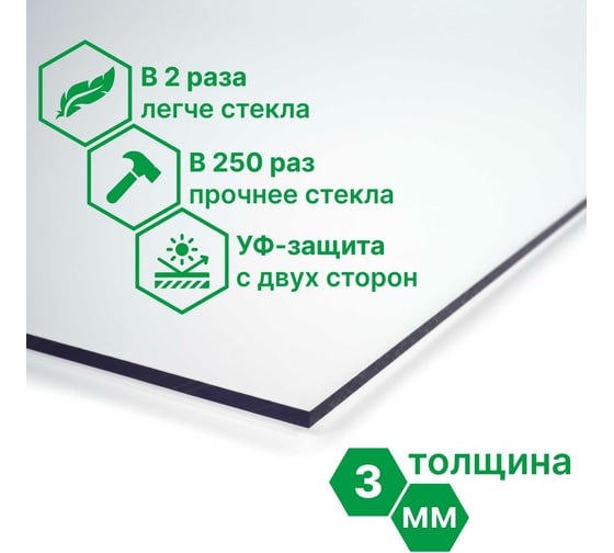 Монолитный поликарбонат 3 мм, 508x504 мм, прозрачный 2uv Novattro 4604638002137