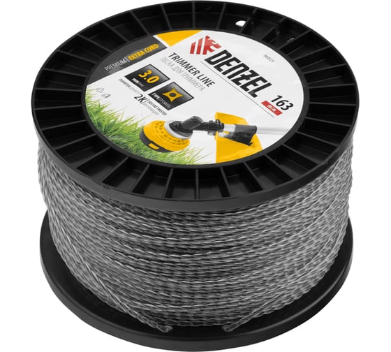 Леска двухкомпонентная EXTRA CORD (3 мм, 163 м, витой квадрат, на DIN катушке) для триммера Denzel 96825
