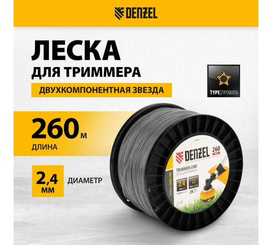 Леска двухкомпонентная EXTRA CORD (2.4 мм, 260 м, звезда, на DIN катушке) для триммера Denzel 96813