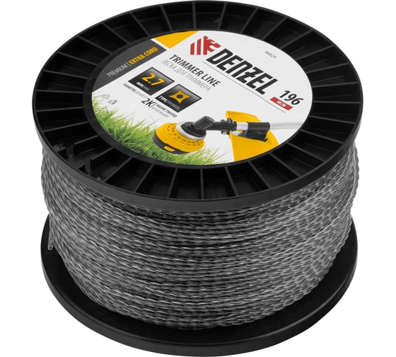 Леска двухкомпонентная EXTRA CORD (2.7 мм, 196 м, витой квадрат, на DIN катушке) для триммера Denzel 96824
