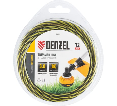 Леска двухкомпонентная для триммера SkyCutter 3 мм, 12 м, блистер, витая квадратная Denzel 96842