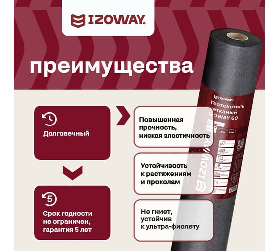 Геотекстиль 60 г/м2, 1.6х50 м, 80 м2 Izoway 19198