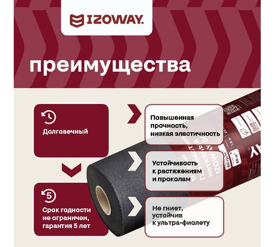 Геотекстиль 60 г/м2, 1.6х25 м, 40 м2 Izoway 7452