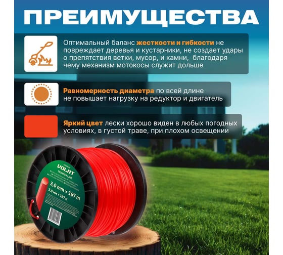 Леска для триммера 3 мм, 167 м, сечение шестигранное ВОЛАТ 53040-03