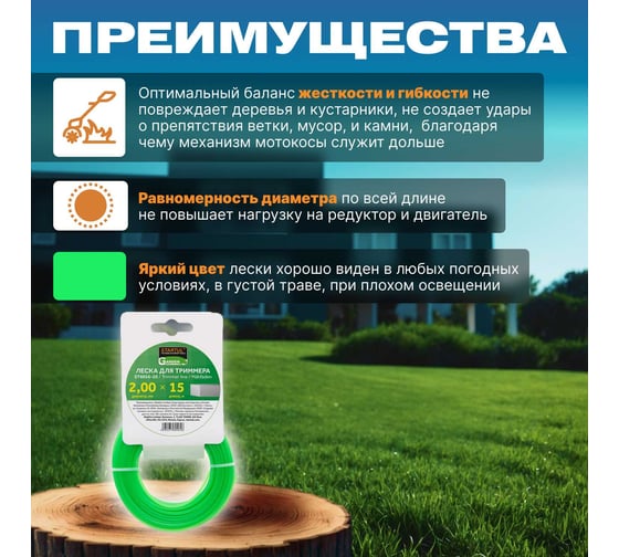 Леска для триммера Garden 2 мм, 15 м, сечение квадрат STARTUL ST6056-20
