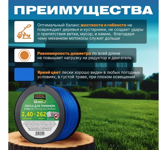 Леска для триммера Garden 2.4 мм, 262 м, сечение 4-лепестковая бесшумная STARTUL ST6064-24