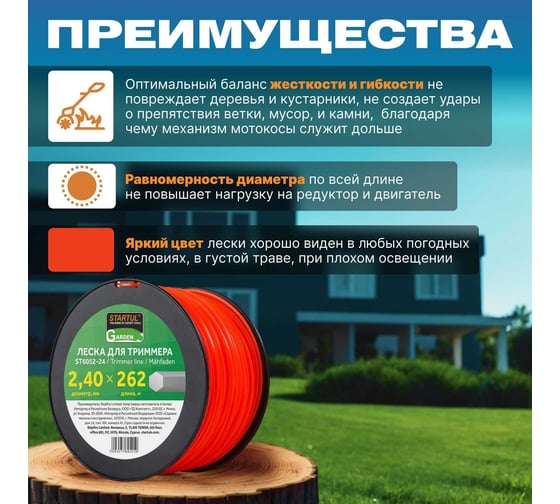 Леска для триммера Garden 2.4 мм, 262 м, сечение шестигранное STARTUL ST6052-24