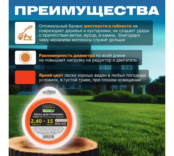 Леска для триммера Garden DUAL-CUT 2.4 мм, 15 м, сечение круглое STARTUL ST6067-24