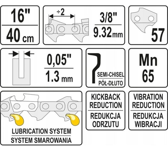 Цепь для бензопилы 16", 3/8", 1.3 мм, 40 см, 57 звеньев YATO YT-84954