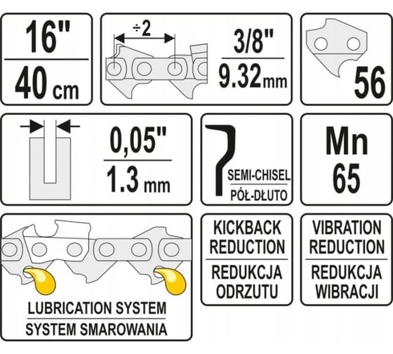 Цепь для бензопилы 16", 3/8", 1.3 мм, 40 см, 56 звеньев YATO YT-84953