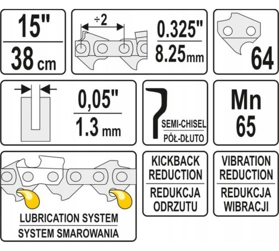 Цепь для бензопилы 15", 0.325", 38 см, 1.3 мм, 64 звена YATO YT-84945