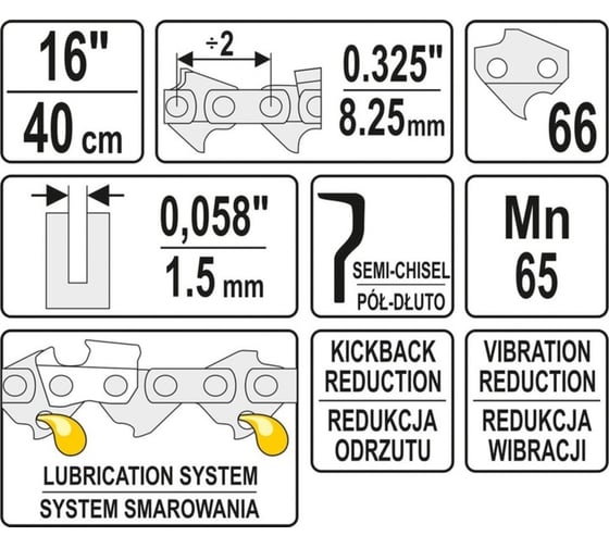 Цепь для бензопилы 16", 0.325", 40 см, 1.5 мм, 66 звеньев YATO YT-84942