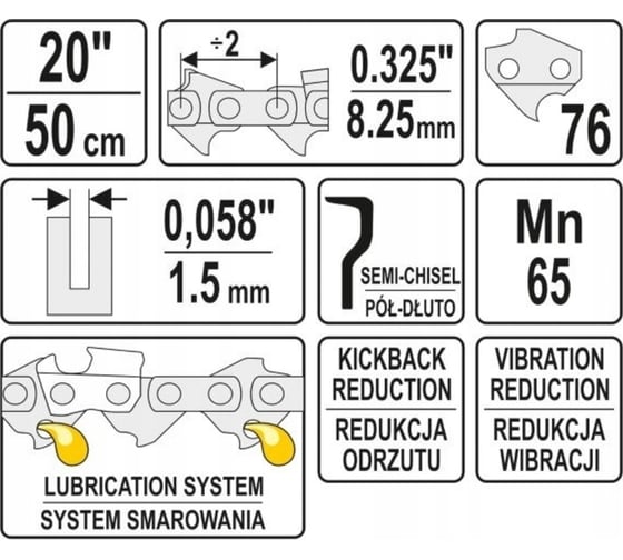 Цепь для бензопилы 20", 0.325", 50 см, 1.5 мм, 76 звеньев YATO YT-84944