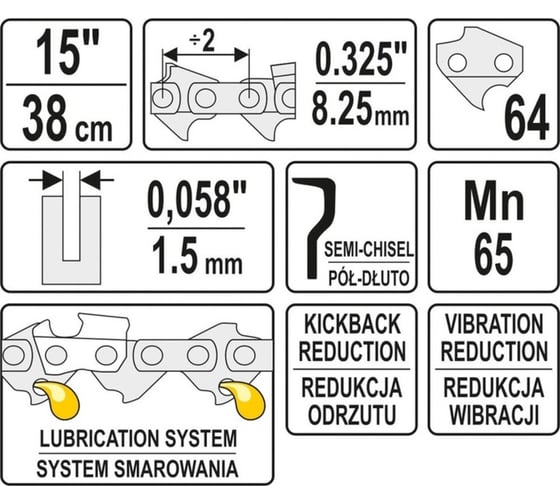 Цепь для бензопилы 15", 0.325", 38 см, 1.5 мм, 64 звена YATO YT-84941
