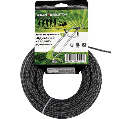 Леска для триммера 2.4 мм, 15 м, крученый квадрат с сердечником, двухцветная, 100% нейлон GREEN REVOLUTION ЛС-715524