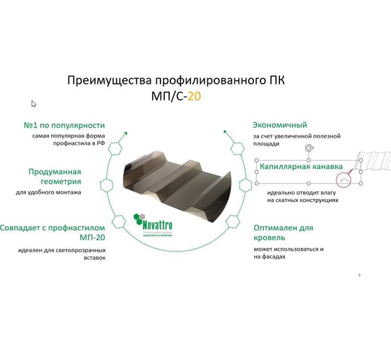 Профилированный монолитный поликарбонат мп/с-20 0.8 мм, 1800x1150 мм, (00 прозрачный, 1uv) Novattro 4604638006777