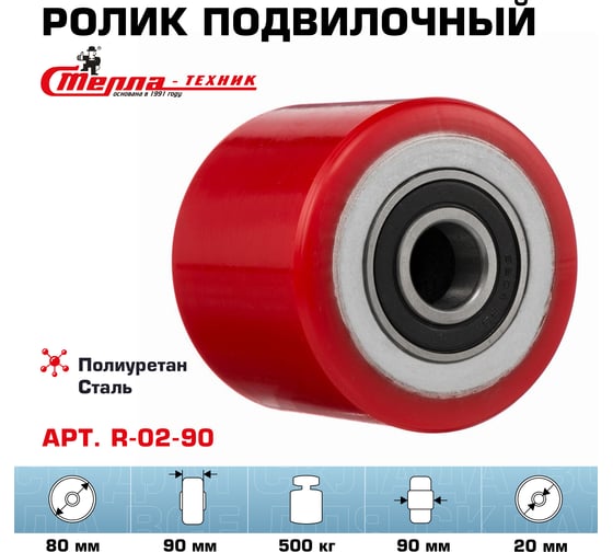 Ролик (80x90 мм; полиуретан/сталь; шариковый подшипник ось 20 мм; г/п=320 кг) Стелла-техник R-02-90