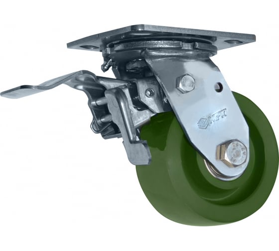 Колесо б/г нержавейка, зеленое, полиуретан, поворотное, с тормозом, на кронштейне, 100 мм SS6640-01-SPU-TTB MFK-TORG SPU-TTB-6644100 1