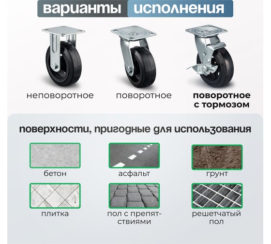 Колесо для тележки поворотное с боковым тормозом, d=125 мм, г/п=140 кг СТЕЛЛА-ТЕХНИК N29125B1
