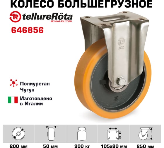 Колесо большегрузное неповоротное (200 мм; 900 кг; полиуретан TR/чугун) Tellure Rota 646856