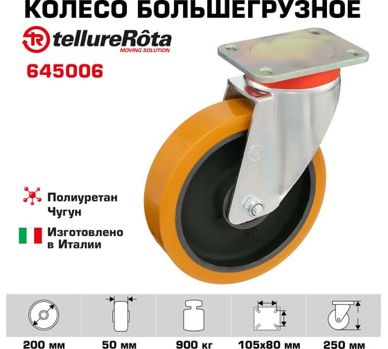 Колесо большегрузное поворотное (200 мм; 900кг; полиуретан TR/чугун) Tellure Rota 645006