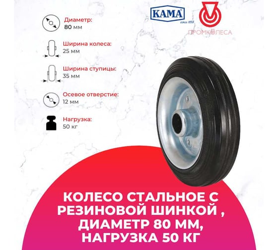 Колесо стальное с резиновой шинкой KAMA 80x25-SLS