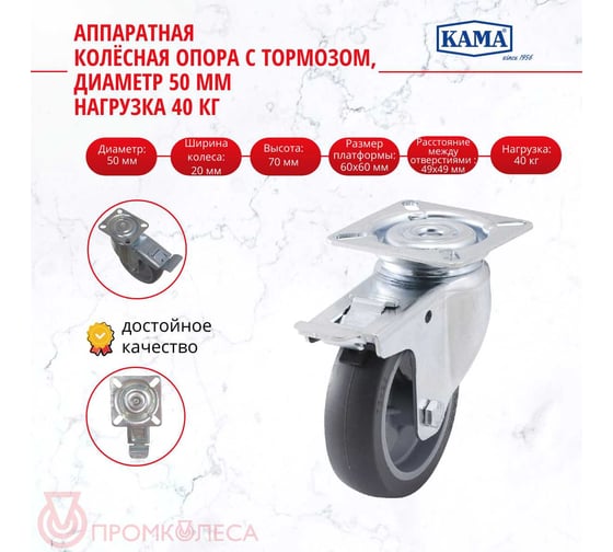 Поворотная колесная опора с площадкой, с тормозом KAMA 1702-MTB-050-F18