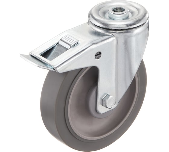 Колесо поворотное с тормозом Стелла-техник 125мм, грузоподъемность 140кг, термопластичная серая резина, полипропилен N48125TPRDB 1
