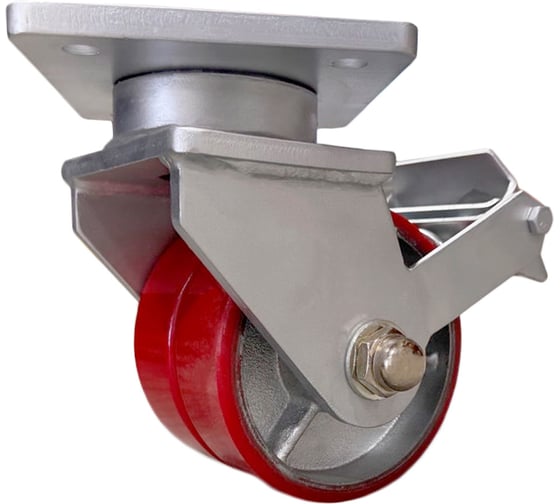 Сверхбольшегрузная сдвоенная поворотная колесная опора с тормозом Kolesa-opori полиуретан, г/п 1800 кг, 150 (VILS) SCpb 63 MAX-2 TW