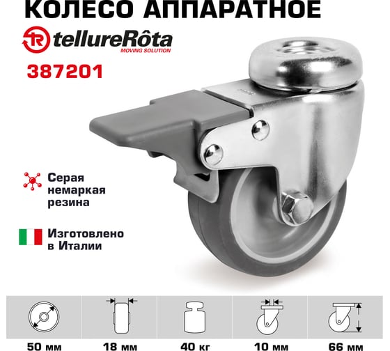 Колесо аппаратное поворотное с отверстием под болт и тормозом (50 мм; 40 кг) Tellure rota 387201