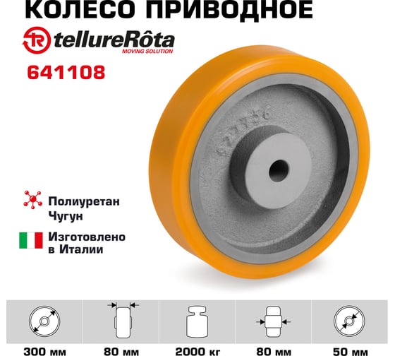 Колесо приводное с возможностью расточки оси (300 мм; 2000 кг; полиуретан TR/чугун) Tellure rota 641108