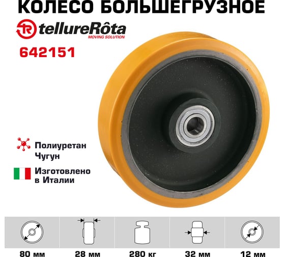 Колесо большегрузное под ось (80 мм; 280 кг; полиуретанTR/чугун; шариковый подшипник) Tellure rota 642151