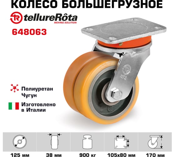 Колесо поворотное большегрузное (125 мм; 900 кг; полиуретанTR/чугун) Tellure rota 648063